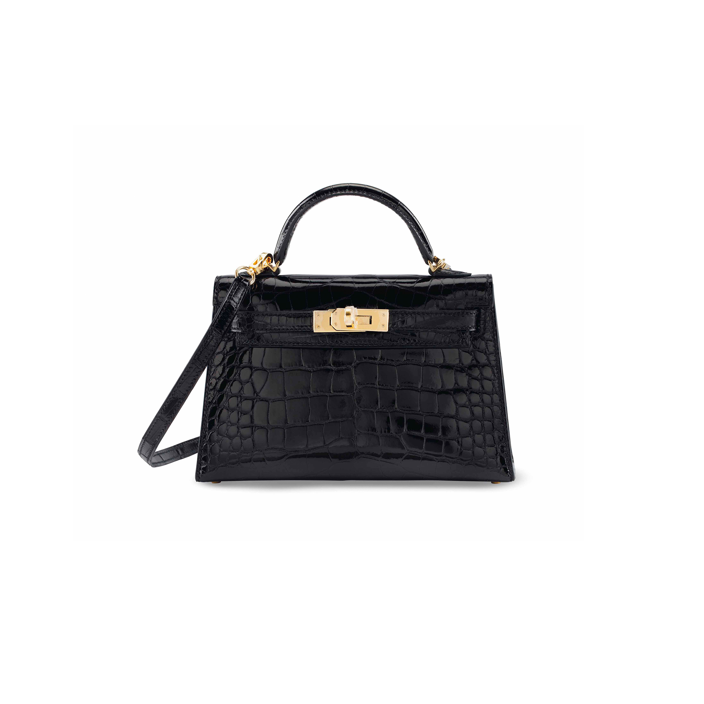 HERMÈS MASTER A SHINY BLACK ALLIGATOR SELLIER MINI KELLY 20 II WITH GOLD HARDWARE (19*12*5.5cm)